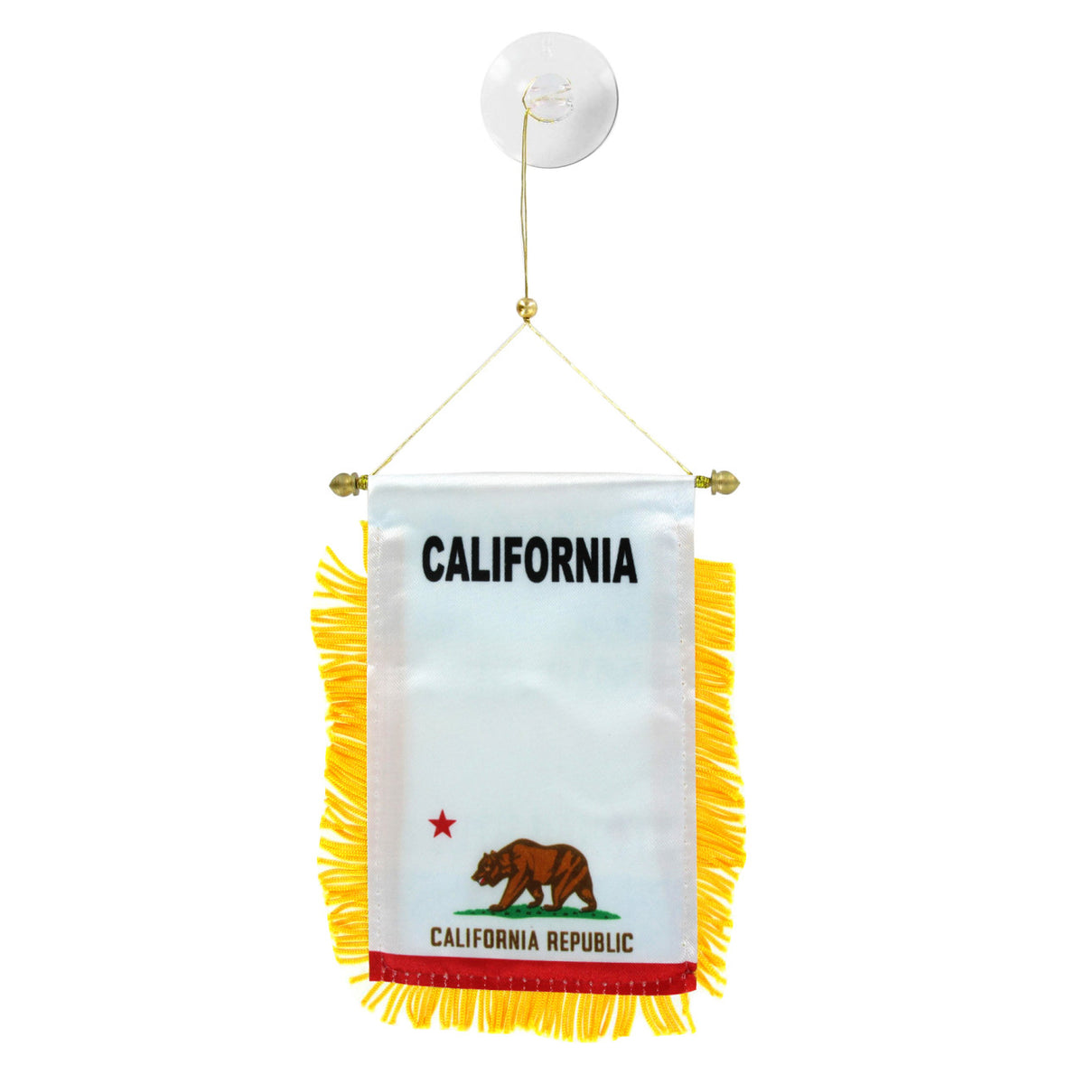 Small California state flag with yellow fringe on a white background