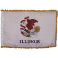 State of Illinois white flag featuring the Illinois state seal centered, depicting a bald eagle perched on a rock holding a red banner in its beak with the text 'STATE', 'SOVEREIGNTY', 'NATIONAL', 'UNION'. The rock features the dates '1818' and '1868', and the word 'ILLINOIS' is printed in large black all-caps letters directly below the seal.  This flag features yellow fringe.