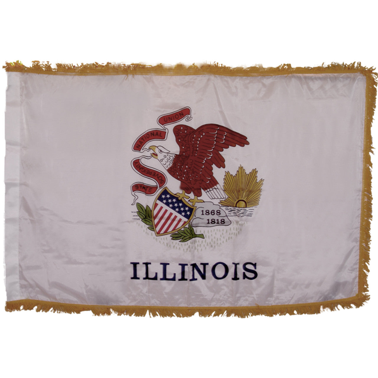 State of Illinois white flag featuring the Illinois state seal centered, depicting a bald eagle perched on a rock holding a red banner in its beak with the text 'STATE', 'SOVEREIGNTY', 'NATIONAL', 'UNION'. The rock features the dates '1818' and '1868', and the word 'ILLINOIS' is printed in large black all-caps letters directly below the seal.  This flag features yellow fringe.