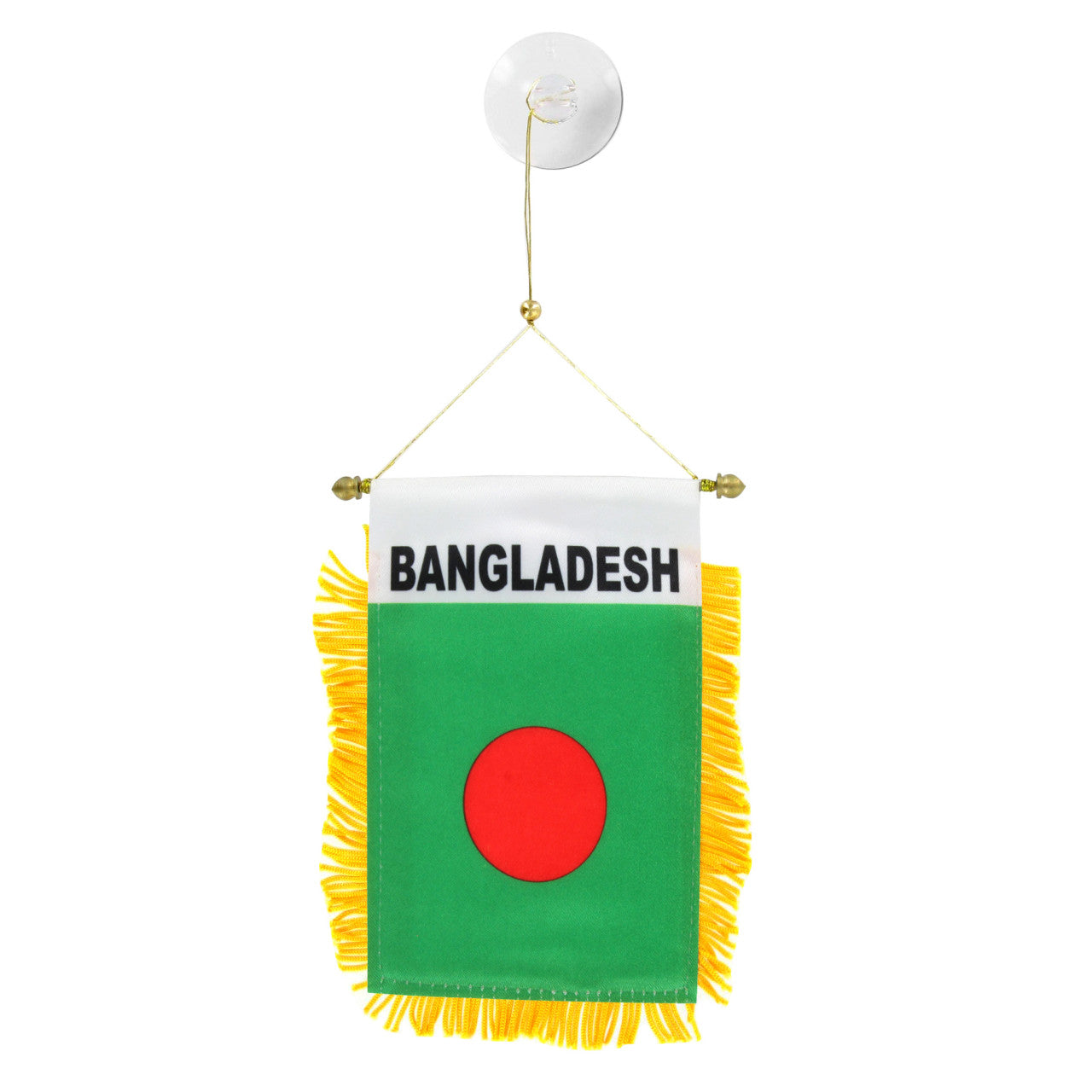 Small flag of Bangladesh with a red disc on a green background, featuring yellow fringe and a white border.