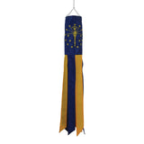 Decorative windsock with blue and gold colors on a white background