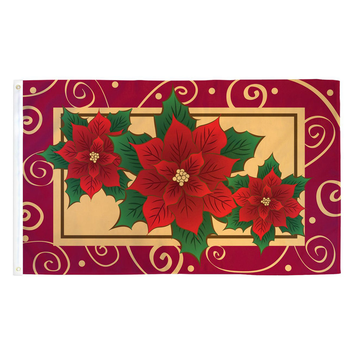 Decorative flag with red poinsettias and gold swirls on a red background