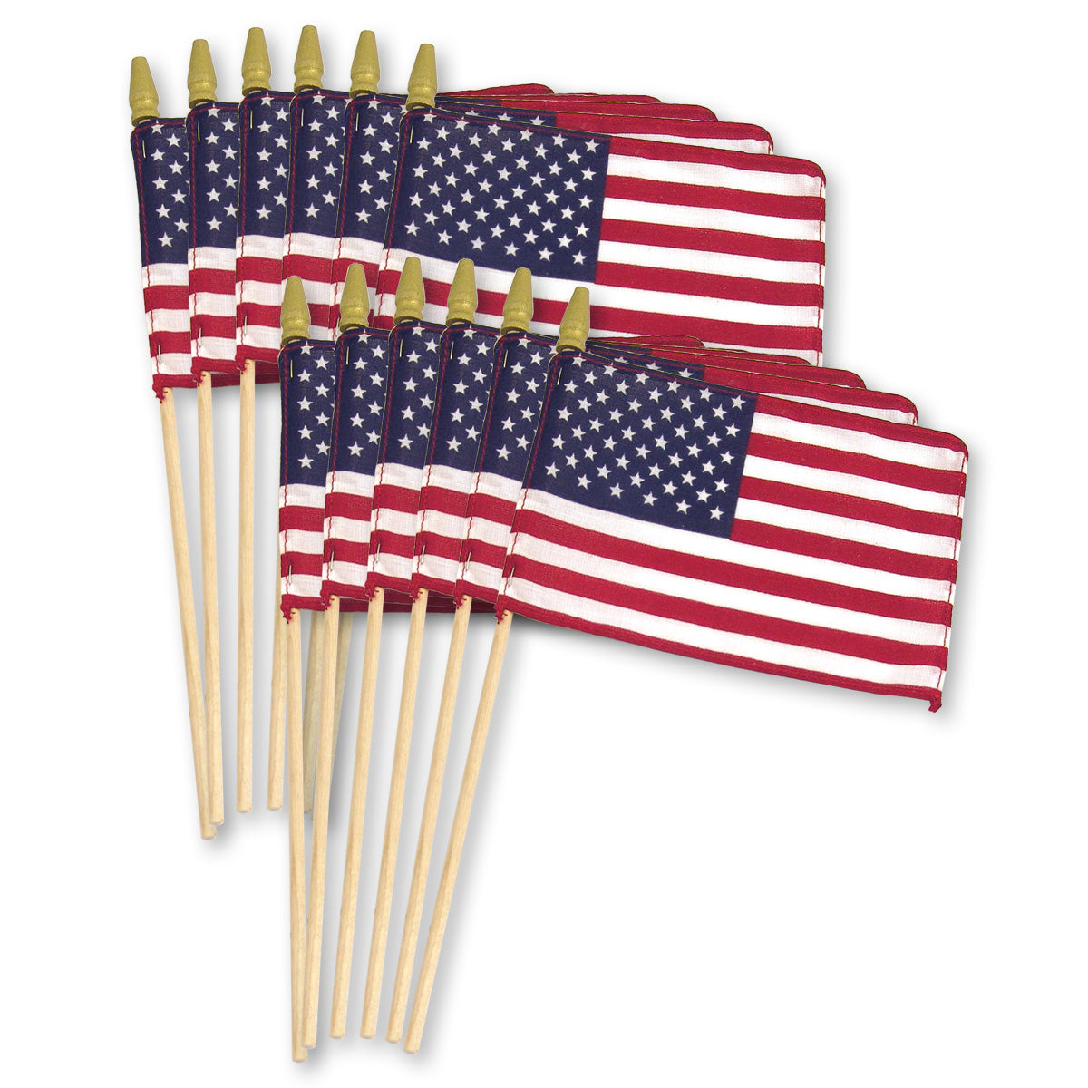Set of American flags on wooden sticks against a white background