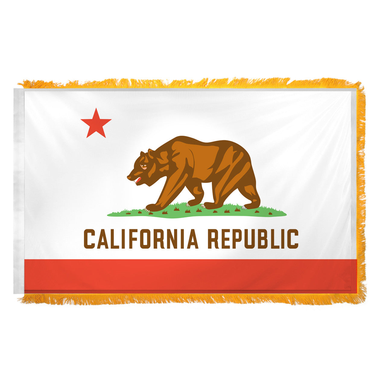 Flag of California with a bear and star design on a white background