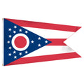 State of Ohio flag featuring the iconic swallowtail shape, five red and white stripes, and a blue triangle with a red and white 'O' surrounded by 17 stars.