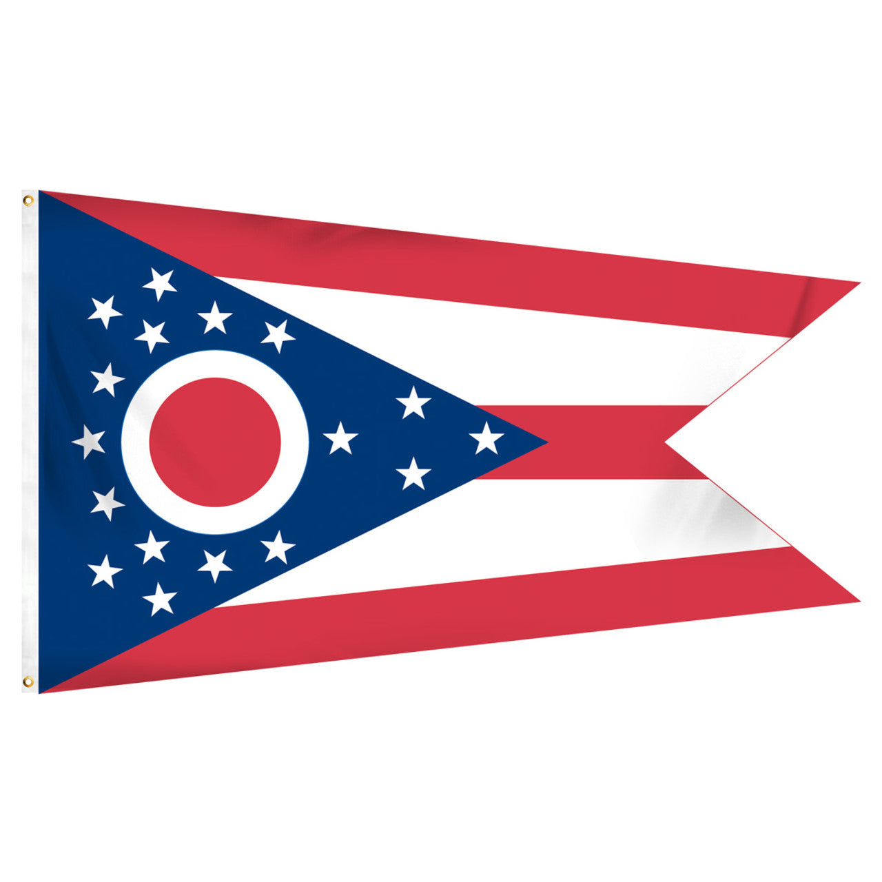 State of Ohio flag featuring the iconic swallowtail shape, five red and white stripes, and a blue triangle with a red and white 'O' surrounded by 17 stars.