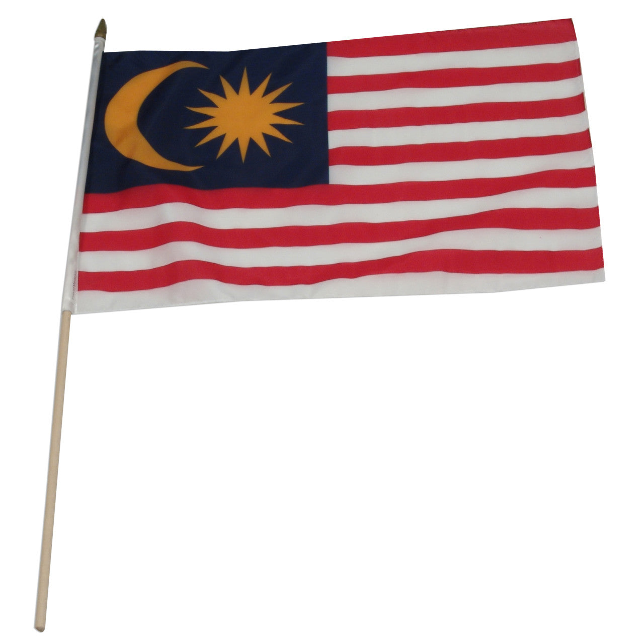 Malaysian flag on a stick against a white background