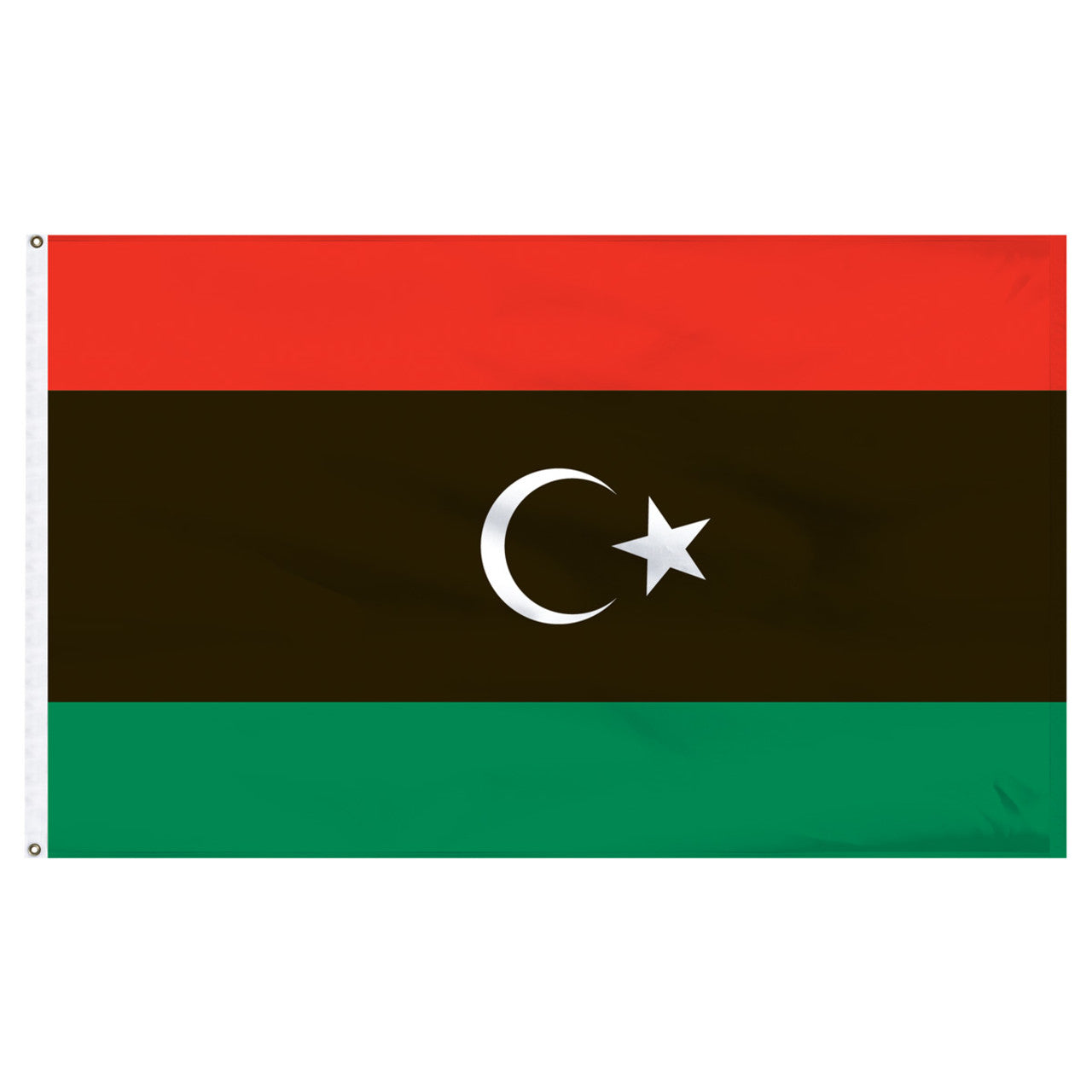 Red, black, and green flag of Libya with a white crescent moon and a star