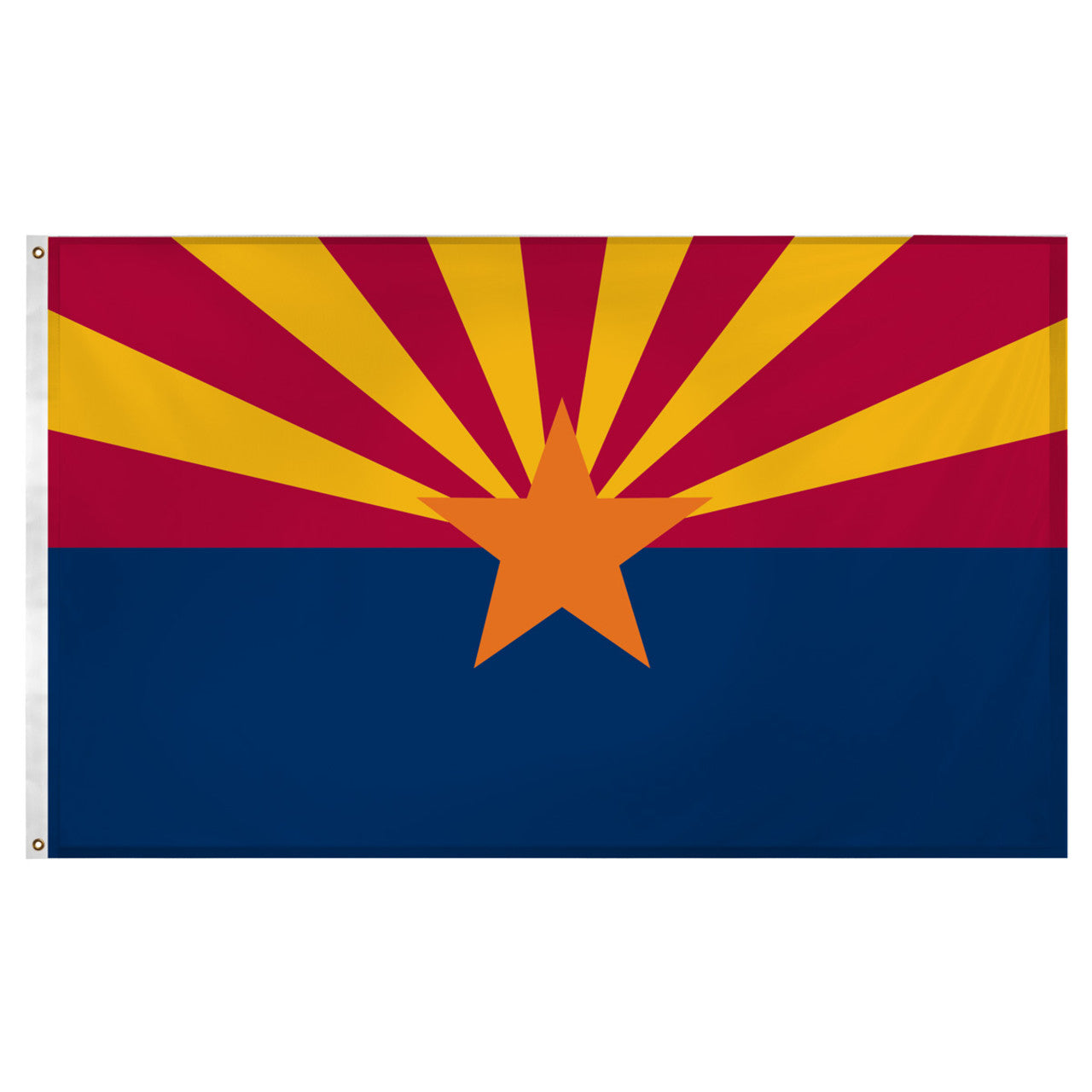 State of Arizona flag with a blue bottom half and red top flag with an orange star in the middle and 6 yellow stripes emanating from the star on the red top half.