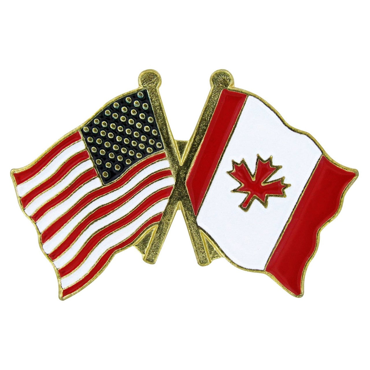 Pin with crossed American and Canadian flags on a white background