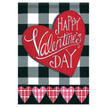 Heart-shaped 'Happy Valentine's Day' decorative flag on a checkered background with plaid hearts below.