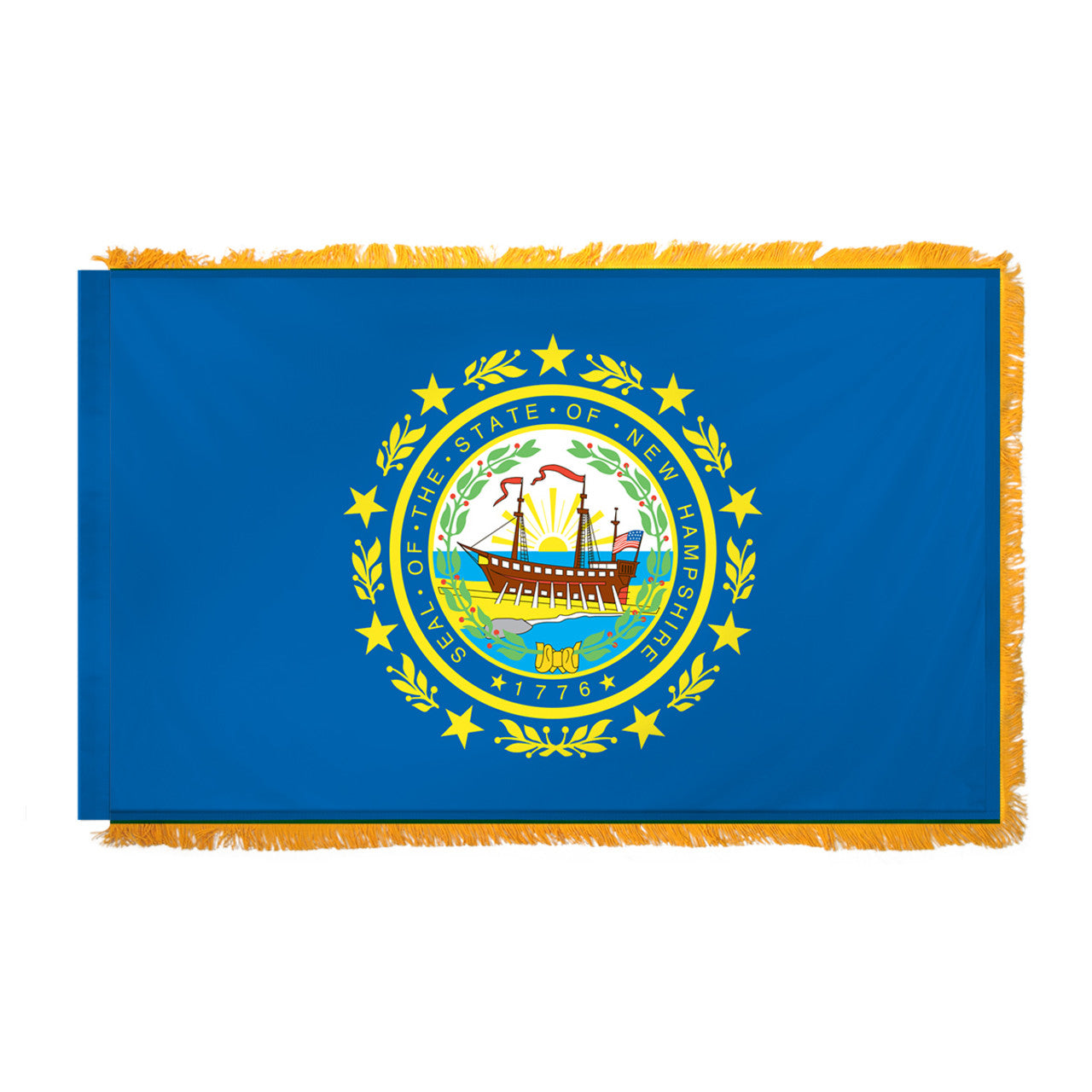 State of New Hampshire flag featuring the full-color state seal with the frigate Raleigh, a laurel wreath, and 'Seal of the State of New Hampshire 1776' text on a solid dark blue field.  This flag features yellow fringe.