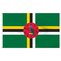 Flag of Dominica with green background, yellow, black, and white stripes featuring a red central emblem with a parrot.