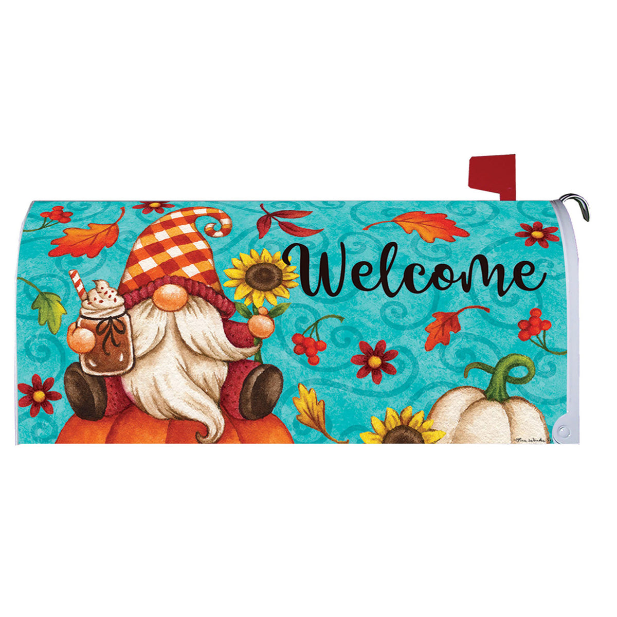 Decorative mailbox cover with a gnome, pumpkins, and 'Welcome' text on a blue background.