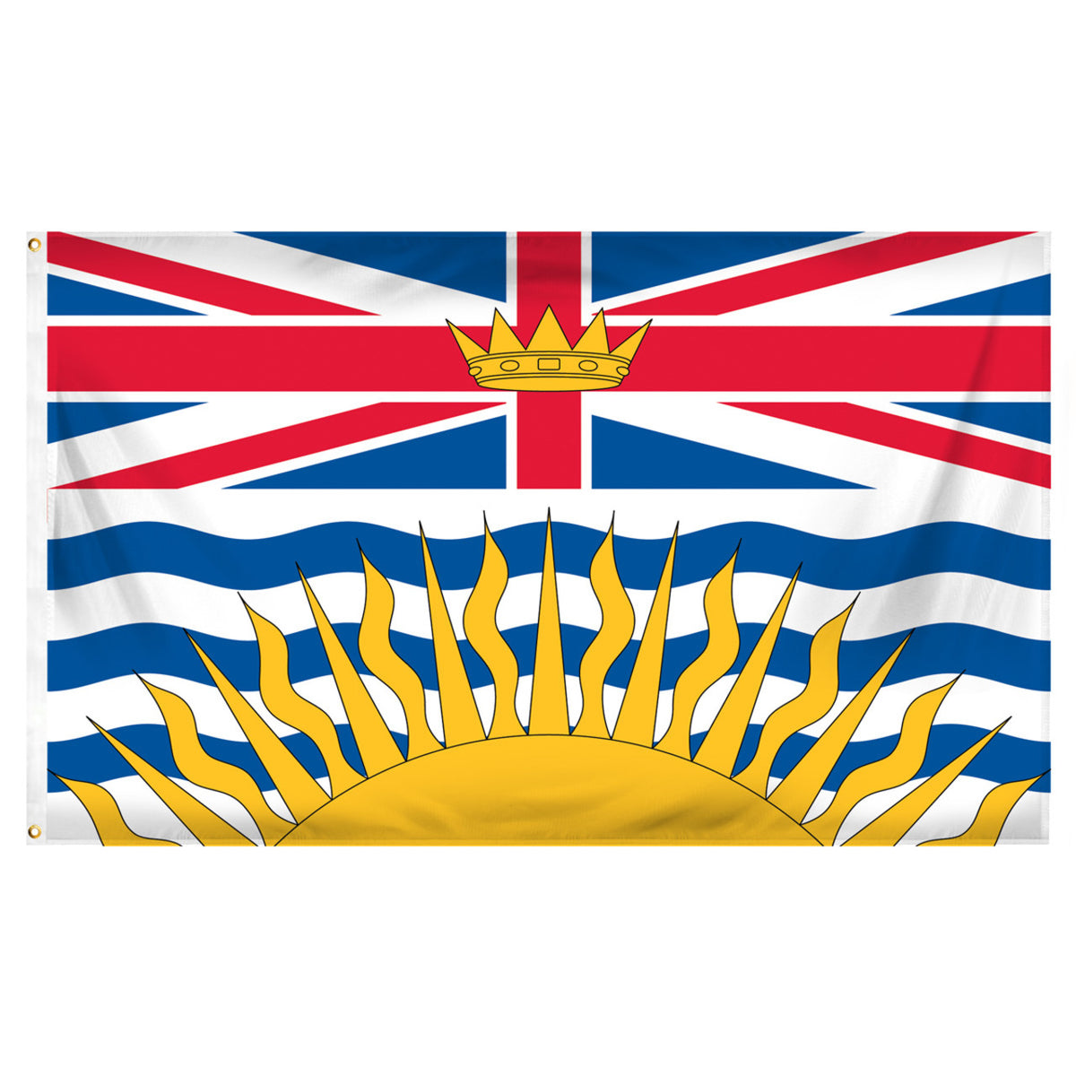 Flag with British Columbia design featuring a sun and crown on a white background