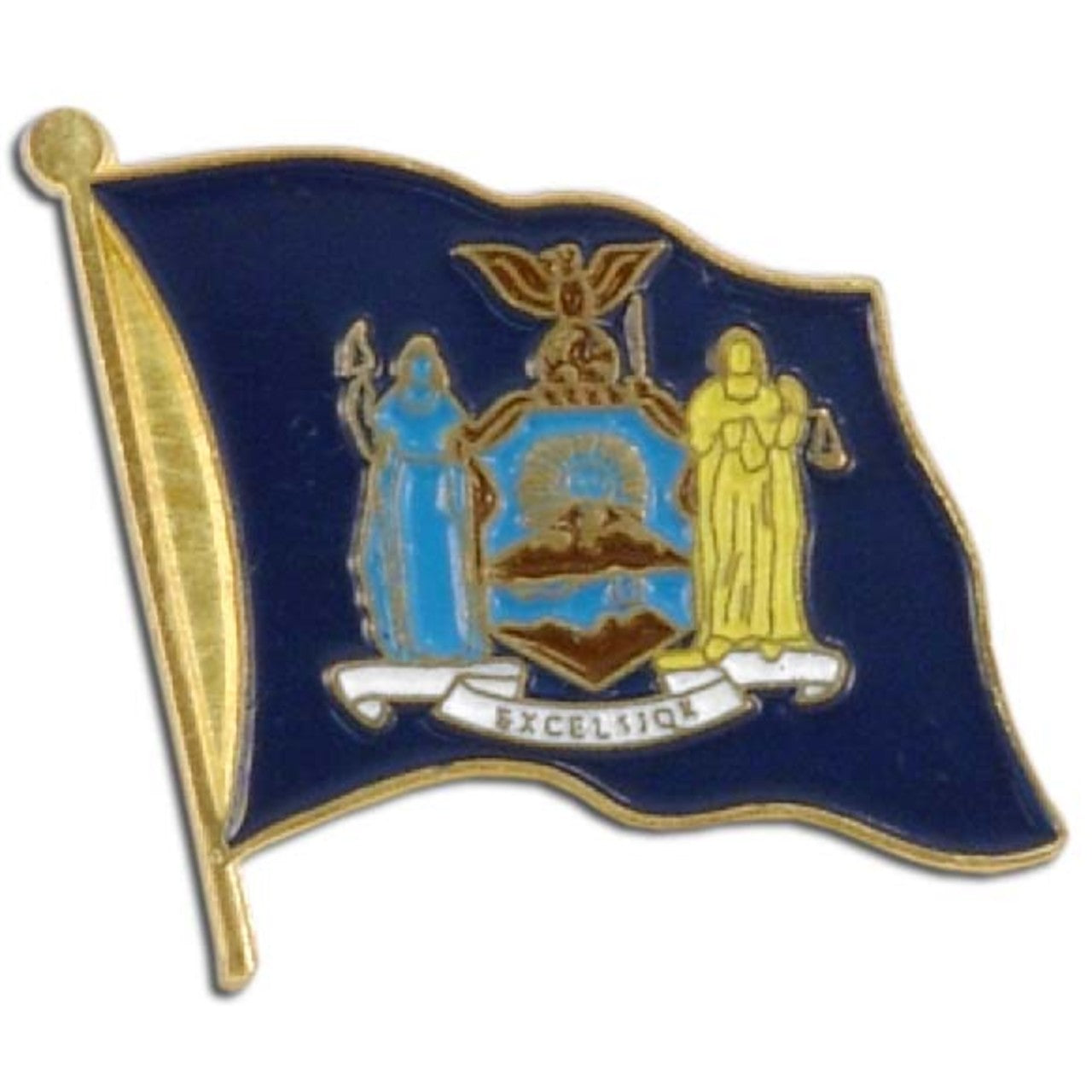 Pin with a design resembling the New York state flag on a white background