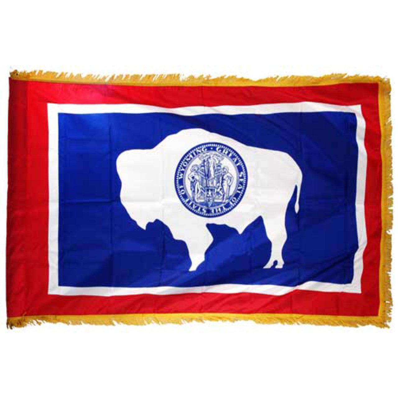 Wyoming state flag with a white silhouette of a bison and a blue background on a red field, featuring a yellow fringe border.
