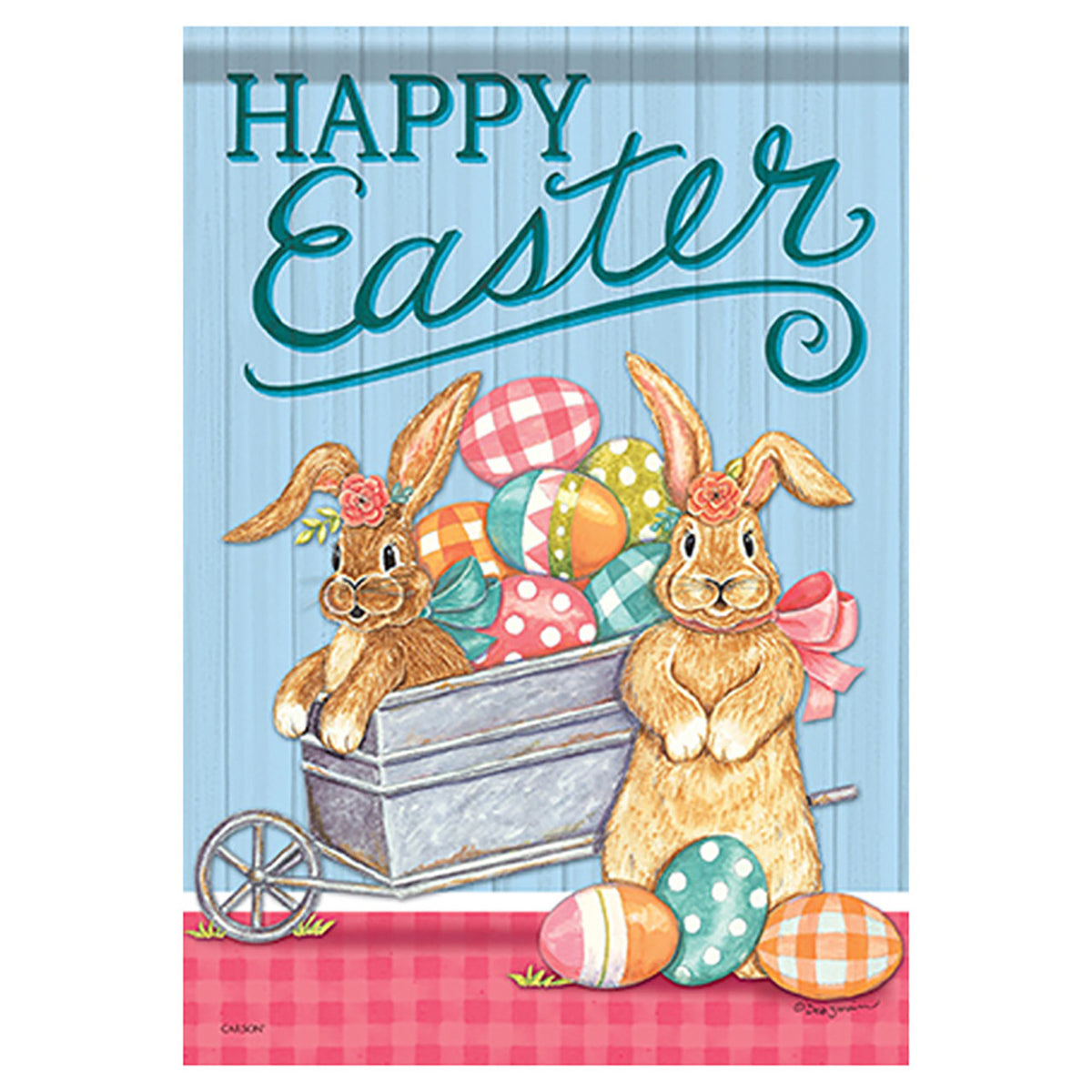 Easter-themed decorative flag with bunnies, eggs, and 'Happy Easter' text on a blue background.