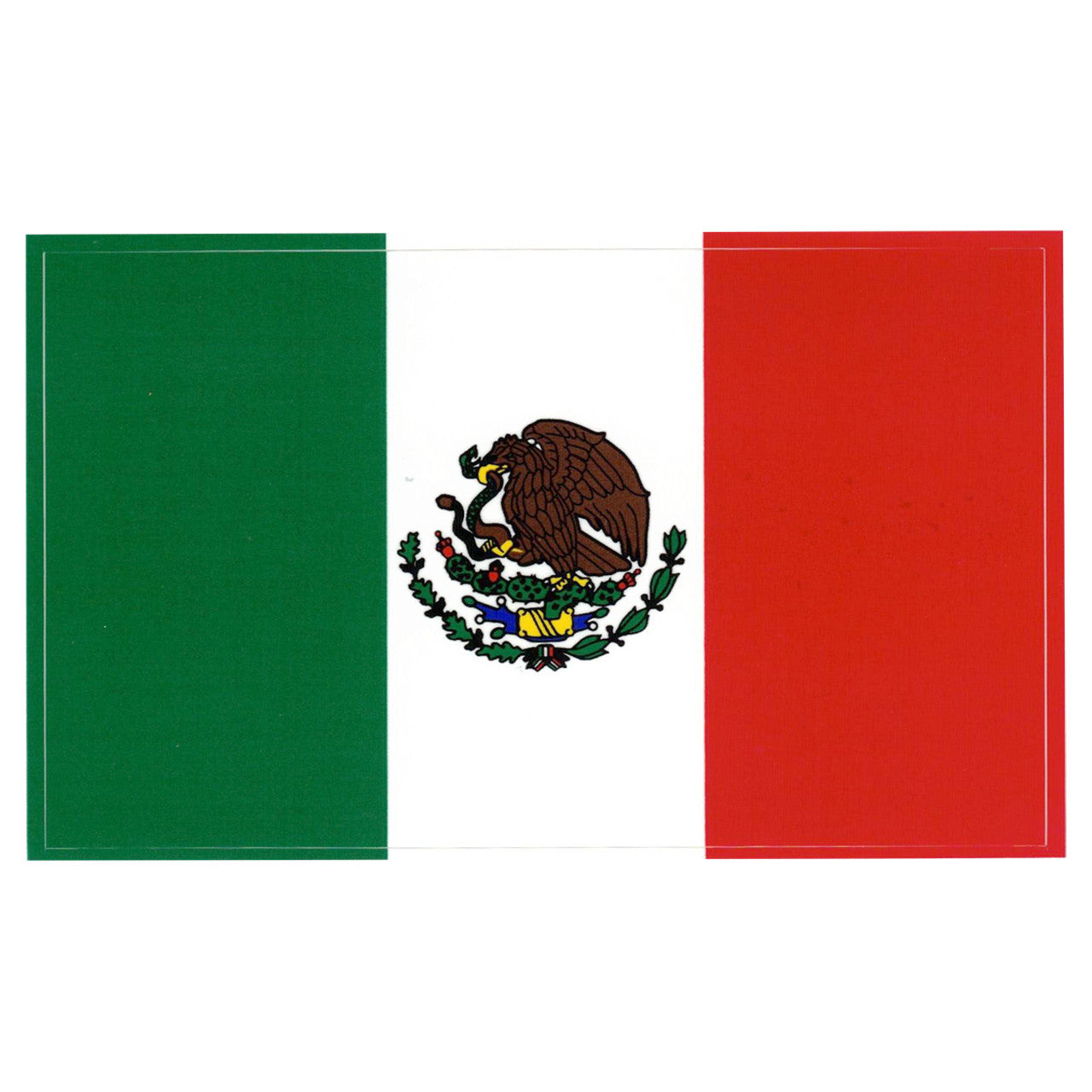 Flag of Mexico with green, white, and red colors and a central coat of arms featuring a bird.