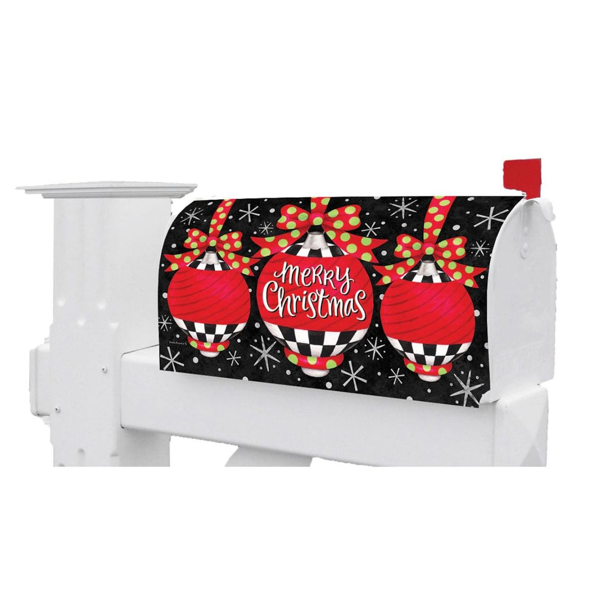 White mailbox with a Christmas-themed cover featuring red ornaments and snowflakes on a black background.