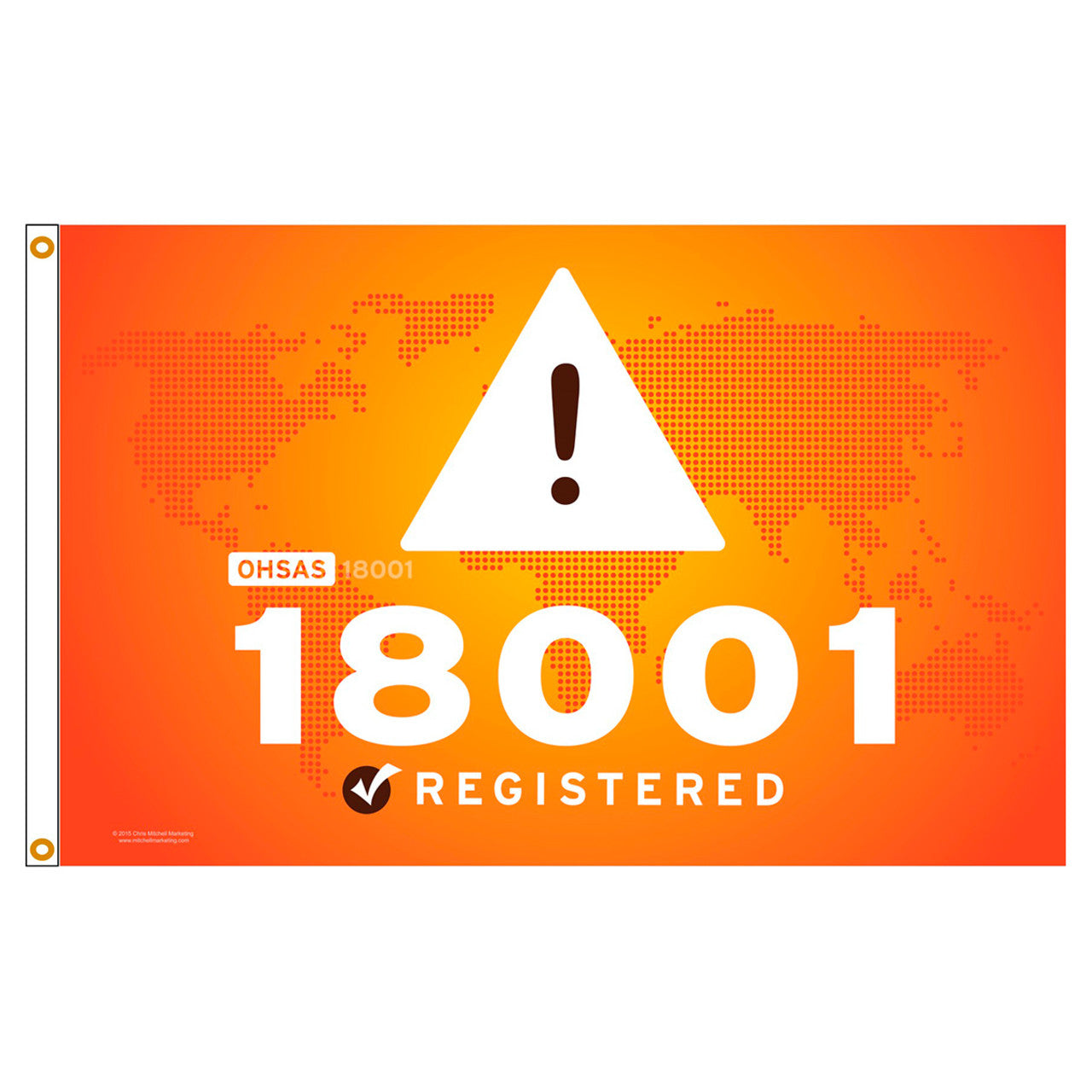 Orange banner with OHSAS 18001 registered logo and text on a white background