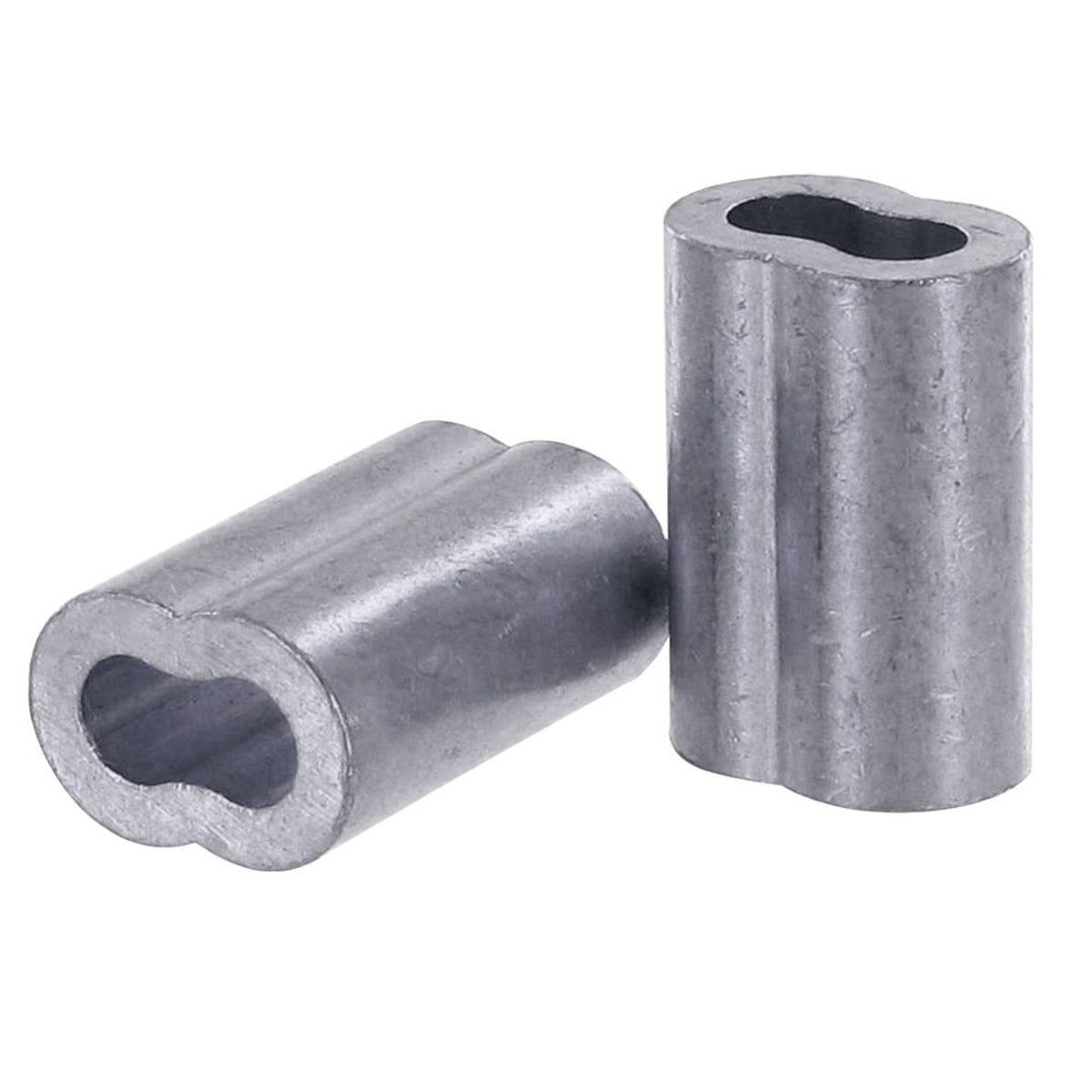 An aluminum cable and rope crimp on a white background