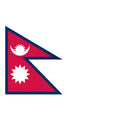 Five-sided flag of Nepal in a stacked red triangular design with blue border and features a white crescent with a white sun and another white sun