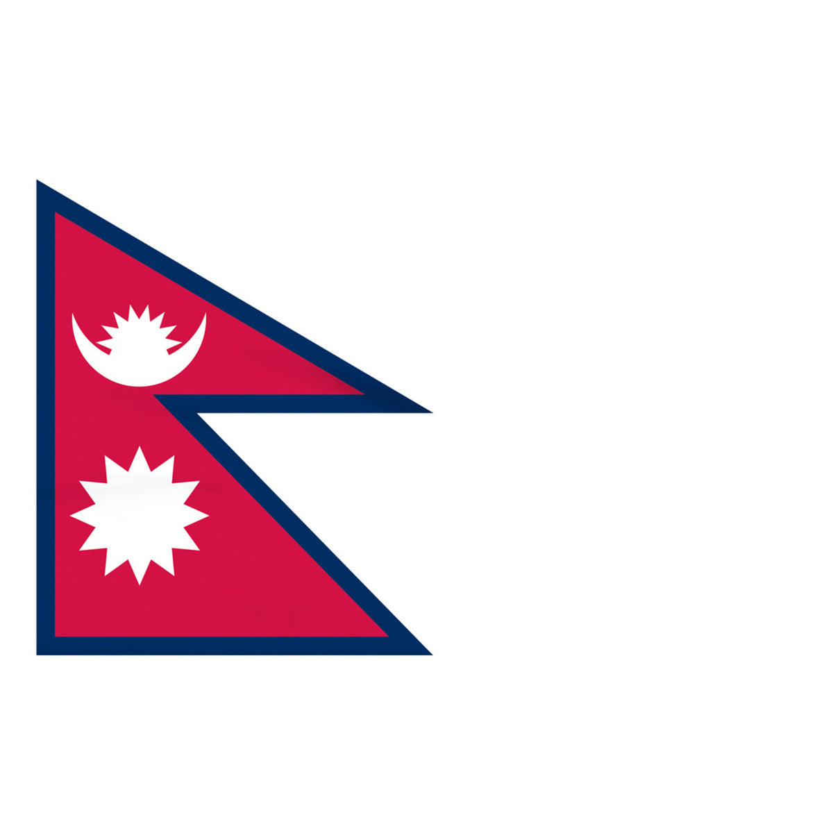 Five-sided flag of Nepal in a stacked red triangular design with blue border and features a white crescent with a white sun and another white sun