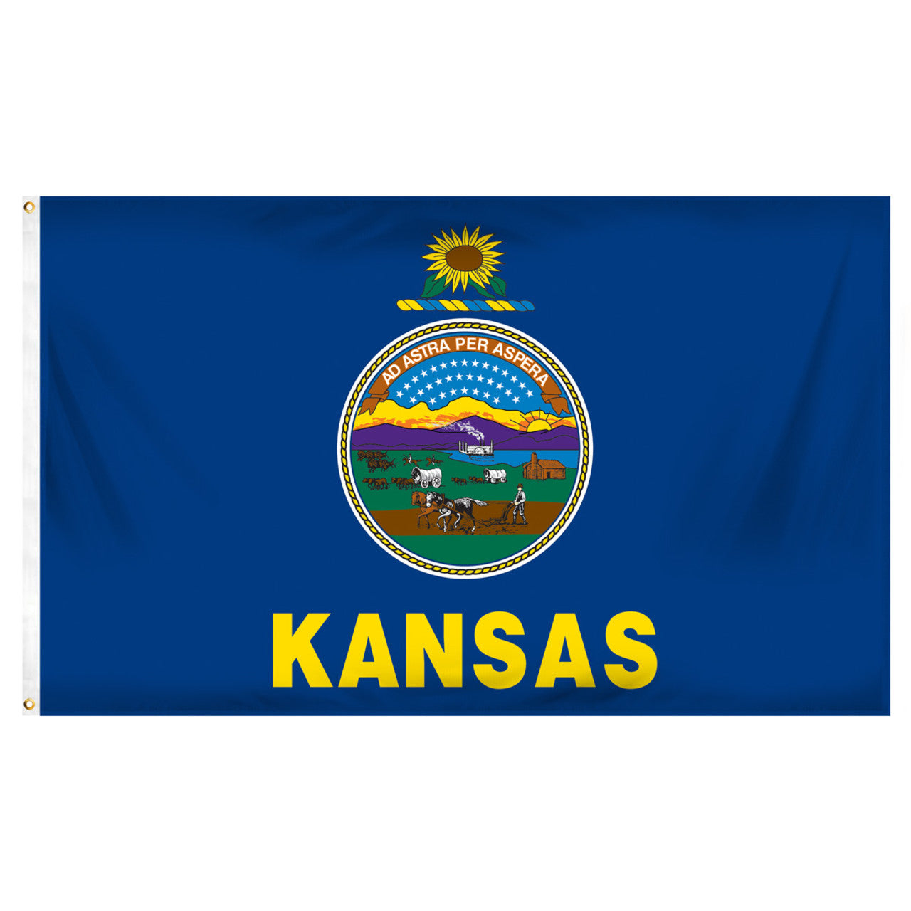 State of Kansas blue flag with Kansas state seal in the center, depicting a landscape with a rising sun, a steamship, a settler plowing a field, a covered wagon train, and Native Americans hunting buffalo. Above the scenery is the Latin motto 'AD ASTRA PER ASPERA'. Above the seal sits a gold and blue sunflower twist, and the word 'KANSAS' is printed in large, gold all-caps letters directly below the seal.