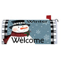 Mailbox cover with a snowman design featuring the text 'Winter Welcome' on a blue background.