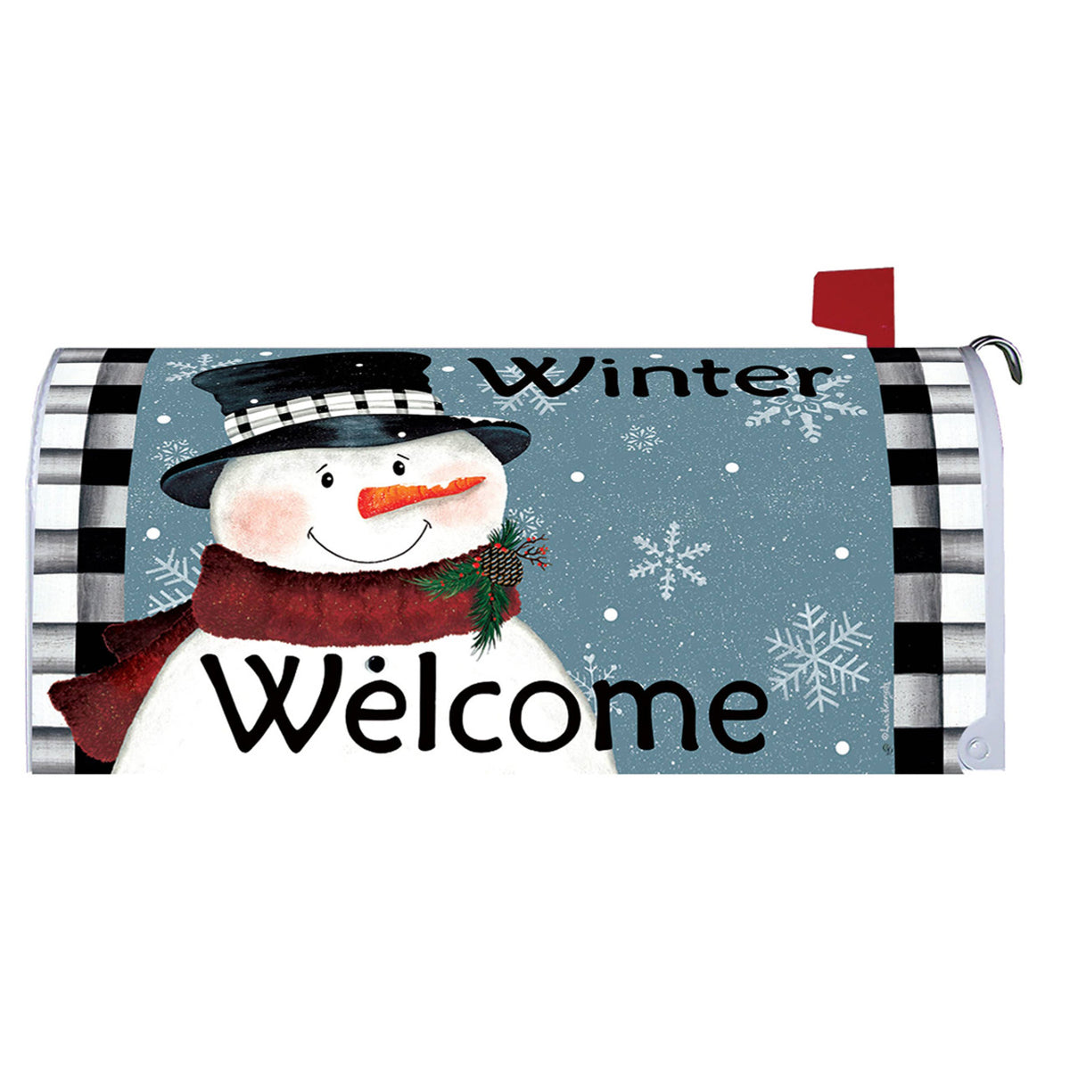 Mailbox cover with a snowman design featuring the text 'Winter Welcome' on a blue background.