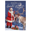 Decorative flag with Santa Claus with a reindeer and presents against a snowy background with 'Making Spirits Bright' text.