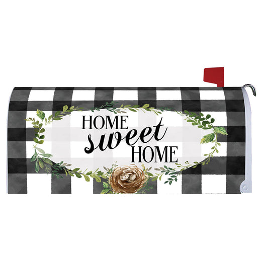 Mailbox cover with 'Home sweet home' text, checkered pattern, and decorative elements on a white background.