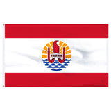 Flag of French Polynesia featuring horizontal red top and bottom bands, a wide white center, and a circular emblem of a red outrigger canoe on blue waves under a golden sun.