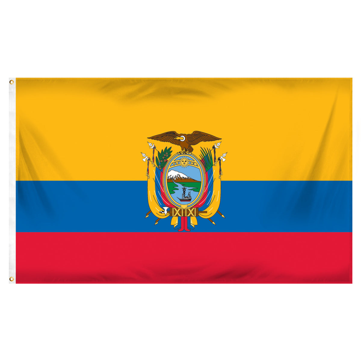 Flag of Ecuador with yellow, blue, and red colors and a central emblem featuring a bird
