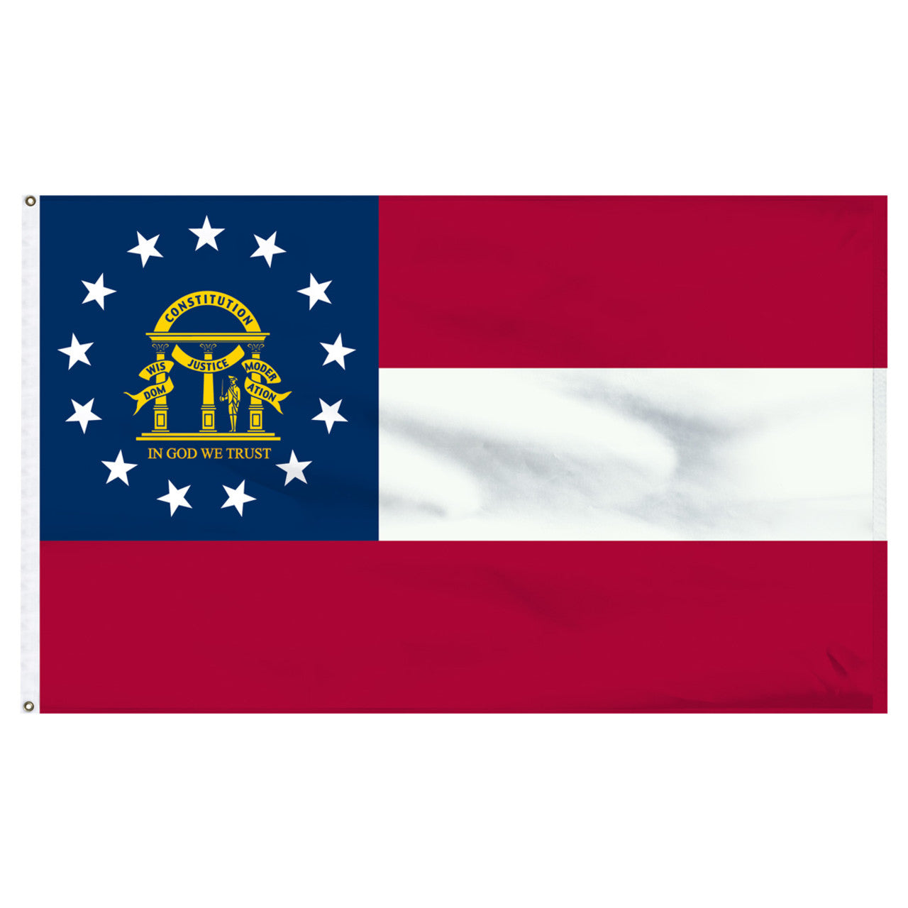 State of Georgia flag with three red and white stripes, a blue canton, 13 white stars, and the golden state coat of arms with the text 'In God We Trust' in yellow under the coat of arms.