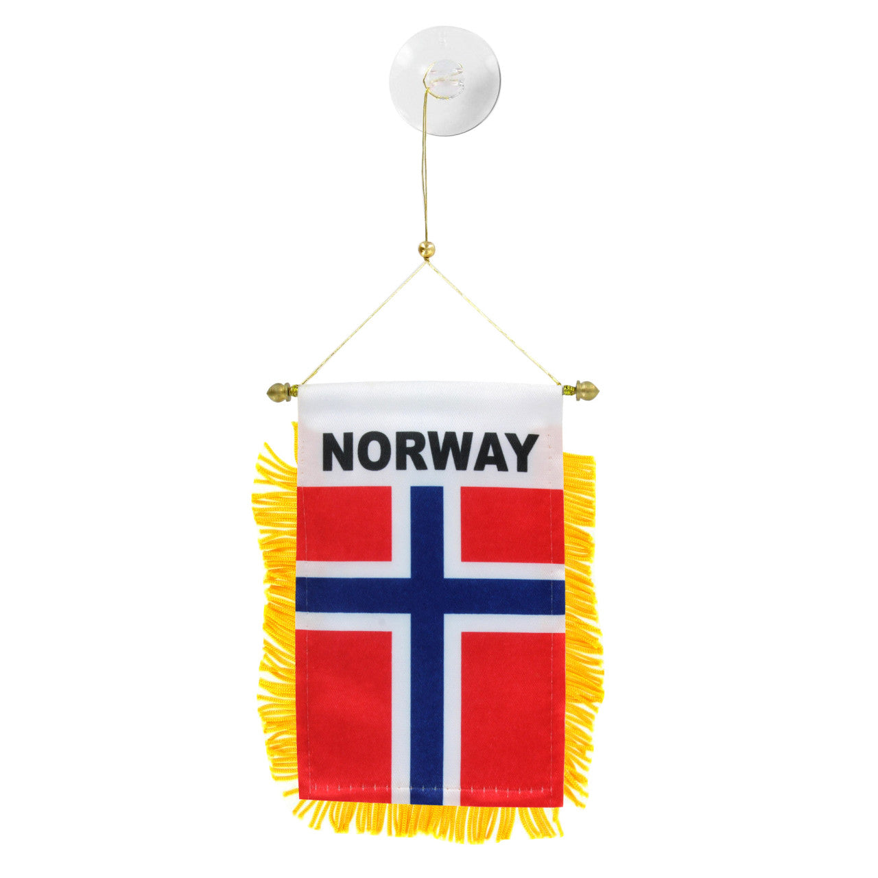 Small hanging flag with Norway text and design on a white background