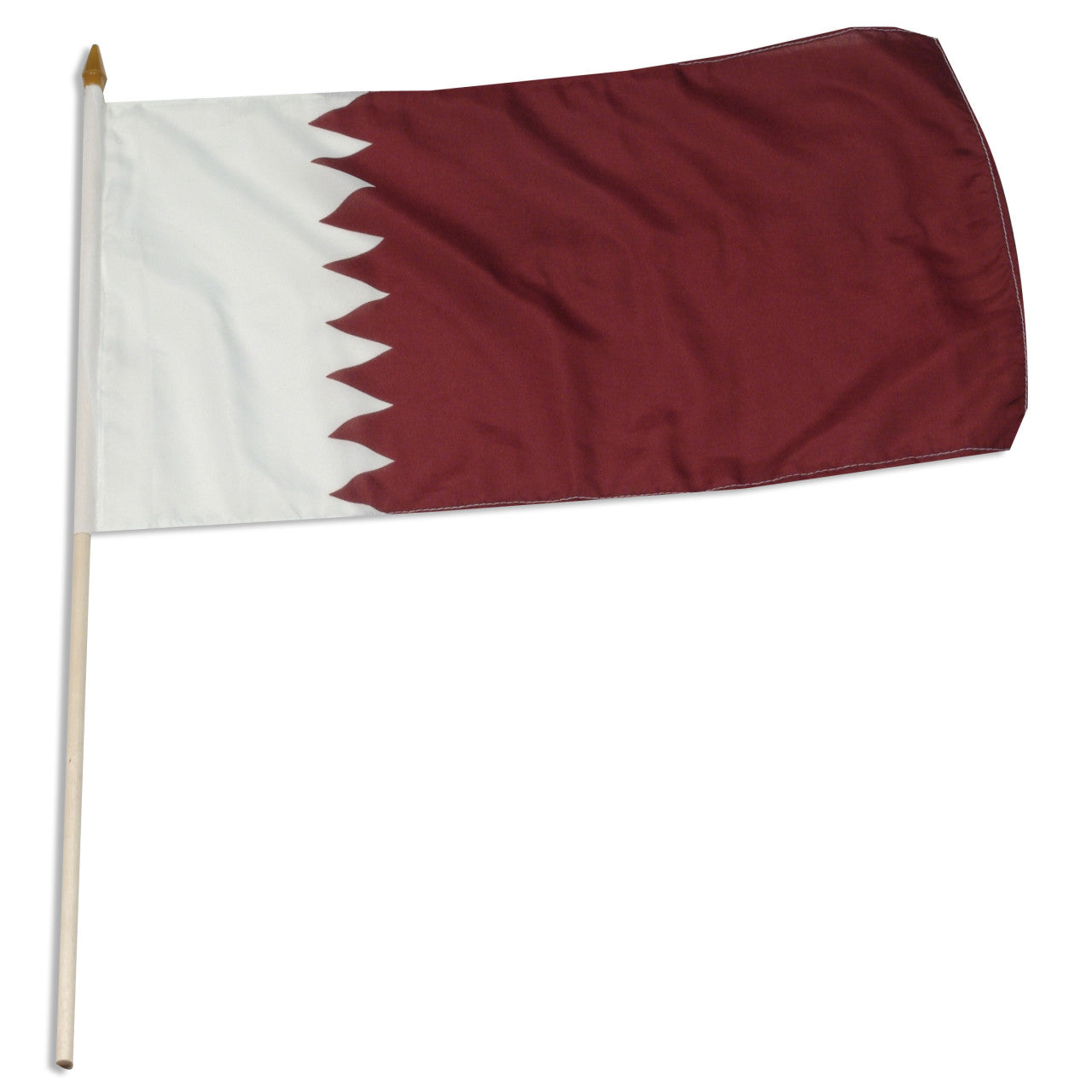 The national flag of Qatar, featuring a vertical white band on the left and a larger maroon area on the right, separated by a serrated line of nine white points.