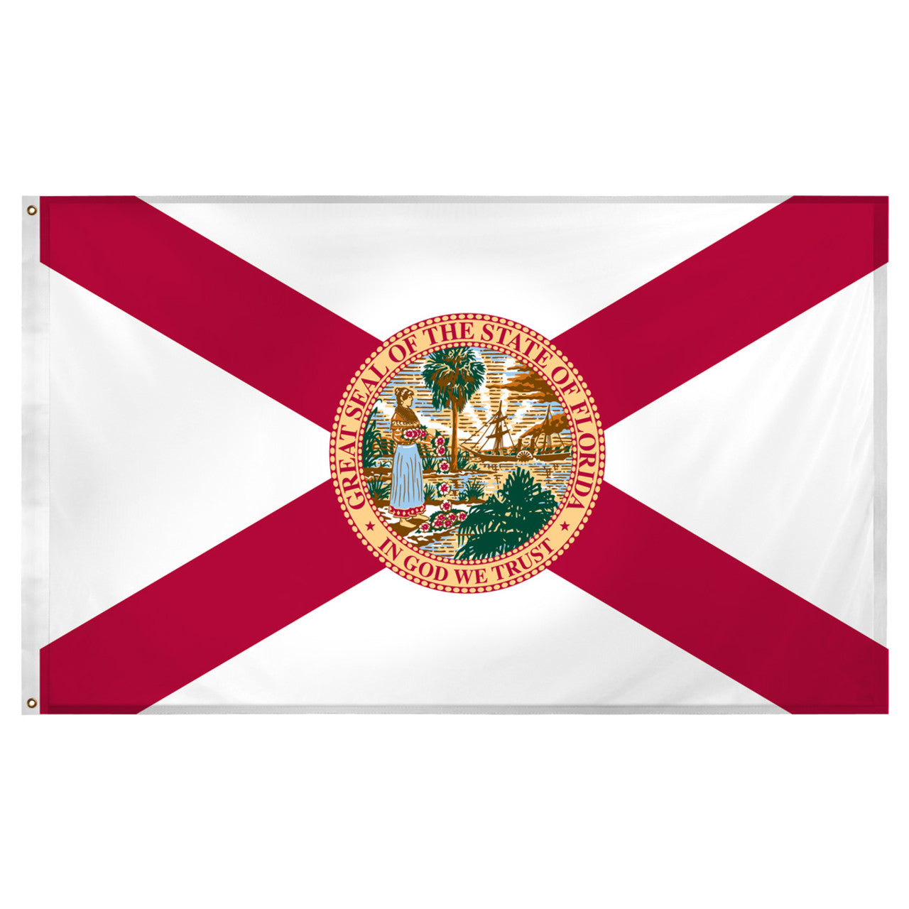 State of Florida flag featuring the classic red diagonal cross on a white background with the full-color Florida state seal in the center.  The words 'GREAT SEAL OF THE STATE OF FLORIDA' and 'IN GOD WE TRUST' are written on the edges of the seal.
