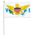 Virgin Islands flag with a yellow eagle, red shield, and blue letters 'VI' on a white background