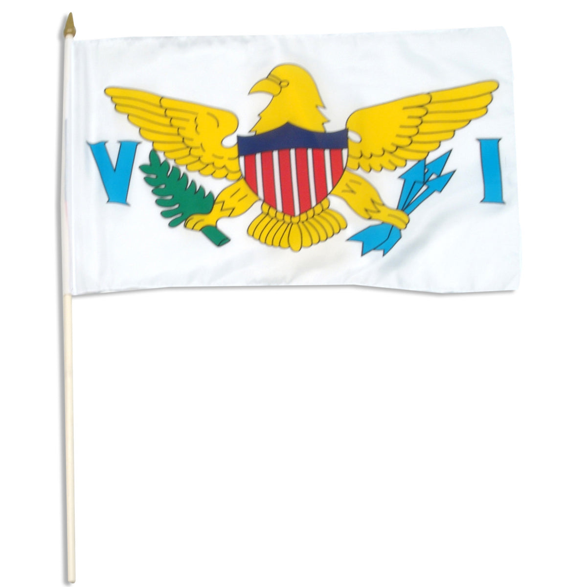 Virgin Islands flag with a yellow eagle, red shield, and blue letters 'VI' on a white background