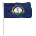 State of Kentucky stick flag with the Commonwealth of Kentucky state seal in the center. The seal depicts a pioneer and a statesman embracing, surrounded by the words 'COMMONWEALTH OF KENTUCKY' in a semi-circle above them and the state motto 'UNITED WE STAND, DIVIDED WE FALL' below them. The seal is framed by a lower wreath of goldenrod flowers.