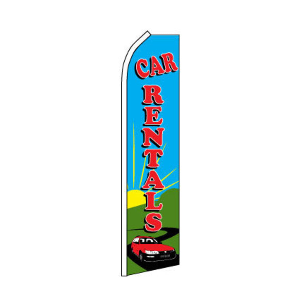 Swooper flag with 'CAR RENTALS' text and car illustration on a blue background