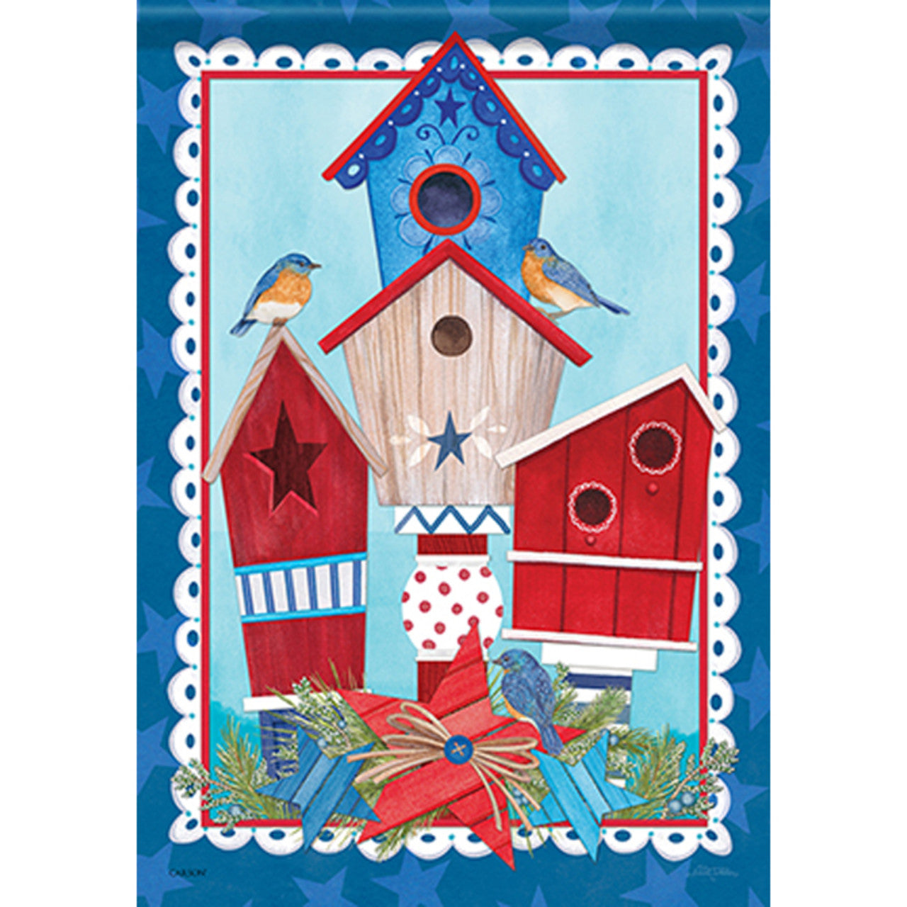 Decorative flag with colorful birdhouses and birds on a blue background