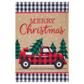 Christmas-themed decorative flag with a red truck, trees, and 'Merry Christmas' text on a burlap background.