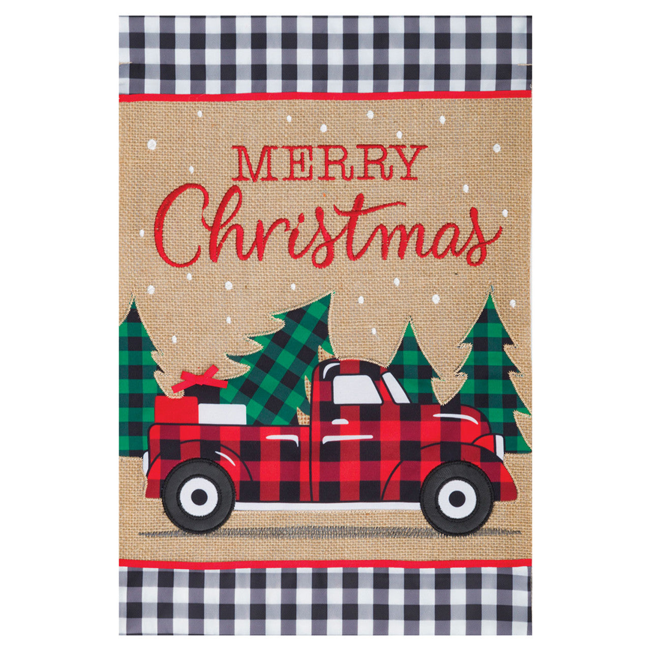 Christmas-themed decorative flag with a red truck, trees, and 'Merry Christmas' text on a burlap background.
