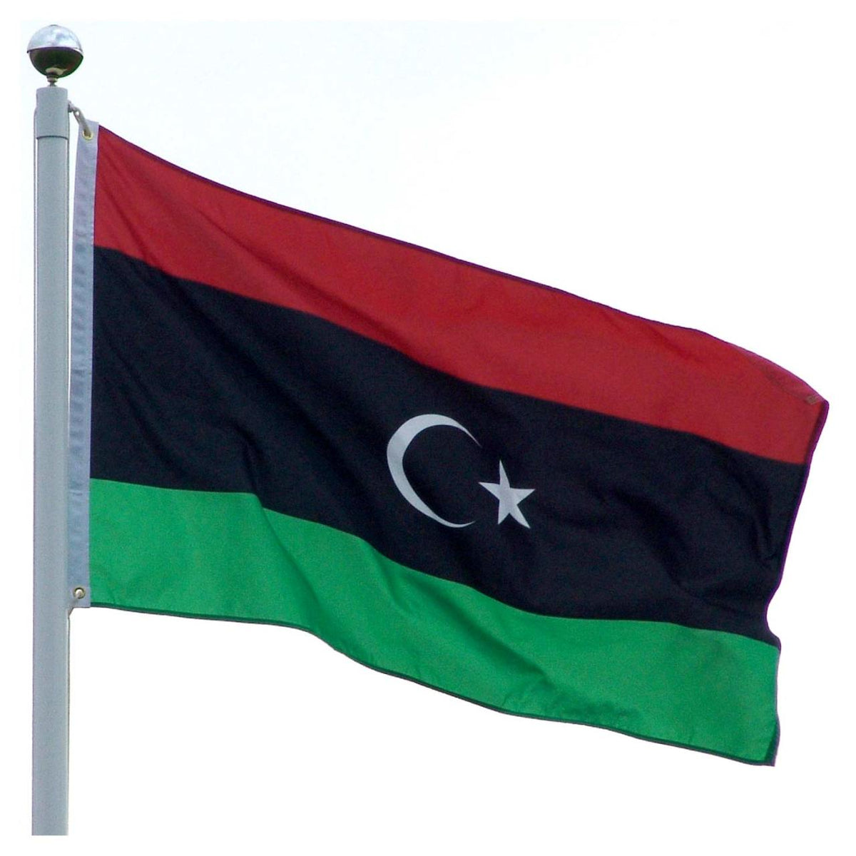 Red, black, and green flag of Libya with a white crescent moon and a star