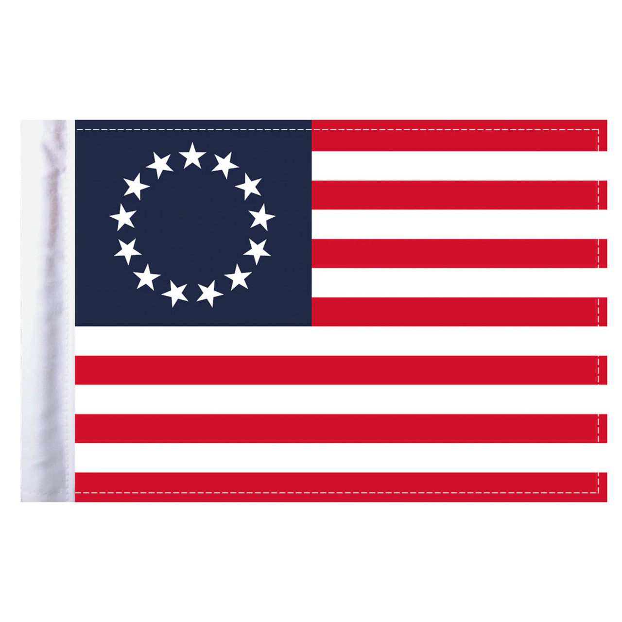Betsy Ross American flag with blue canton featuring a white star circle and red stripes on a white background