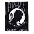 Black POW/MIA vertical banner flag with white emblem and text 'You Are Not Forgotten' on a white background