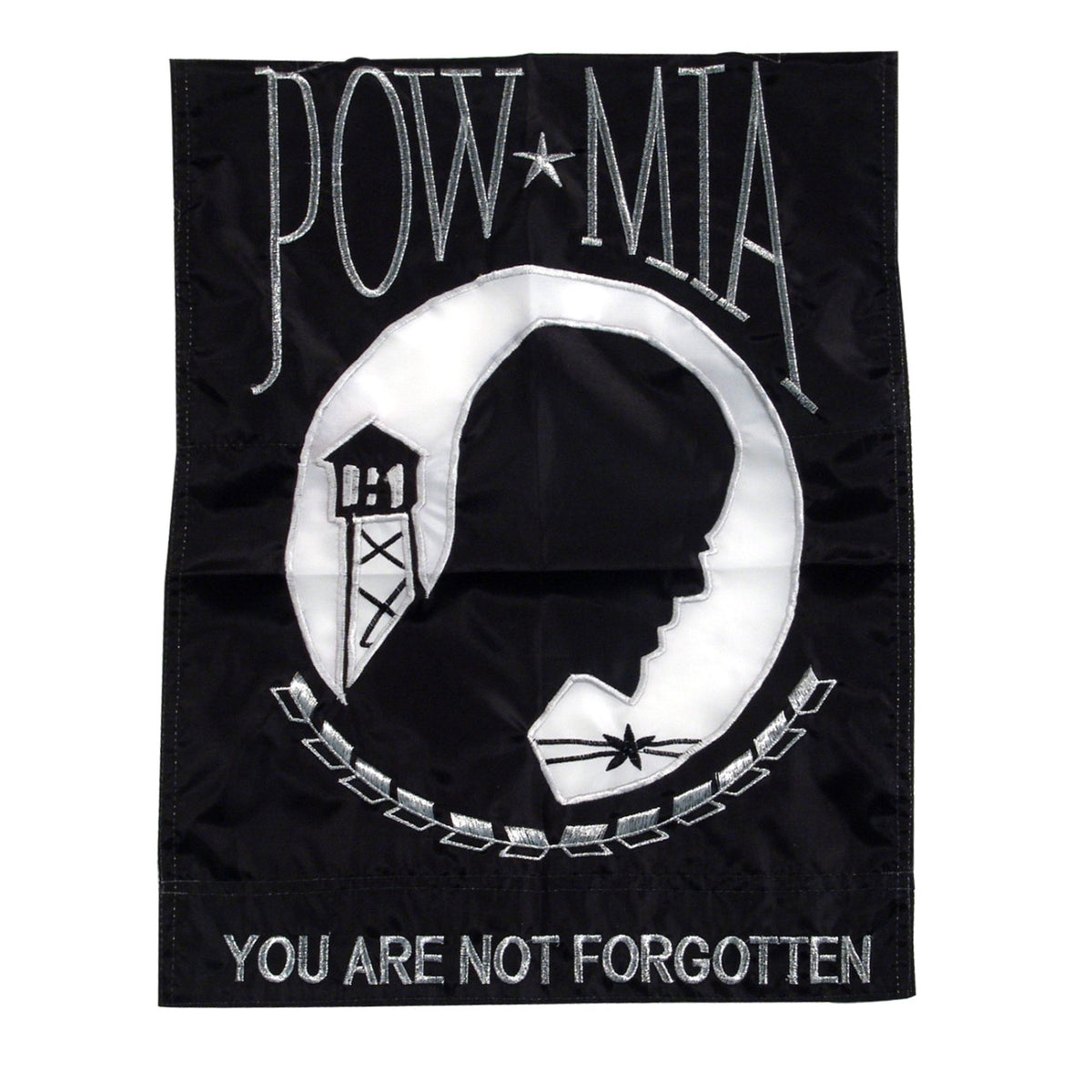 Black POW/MIA vertical banner flag with white emblem and text 'You Are Not Forgotten' on a white background